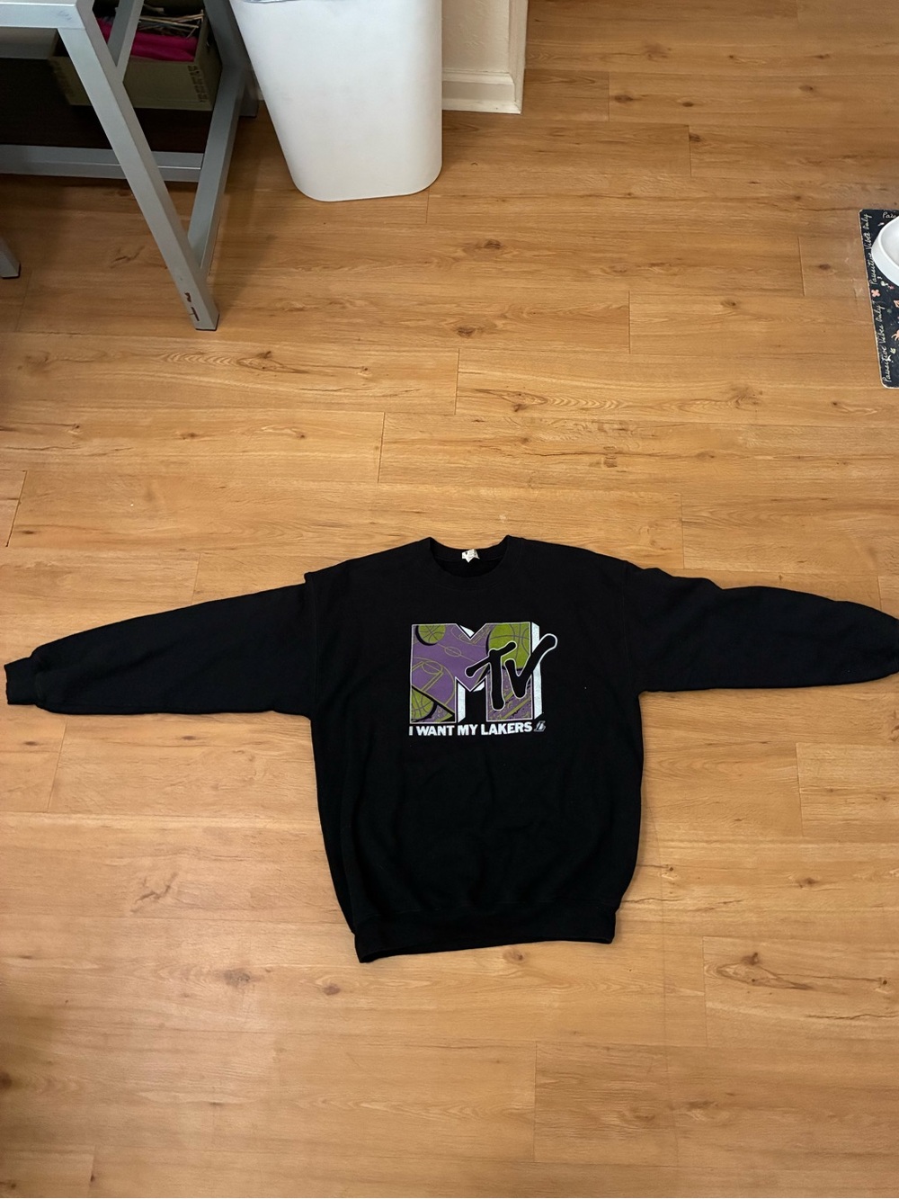 Junk Food Clothing Black Crewneck Sweatshirt with Purple & Green MTV Graphic